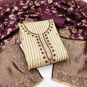 Beige & Wine Woven Pure Cotton Dress Material