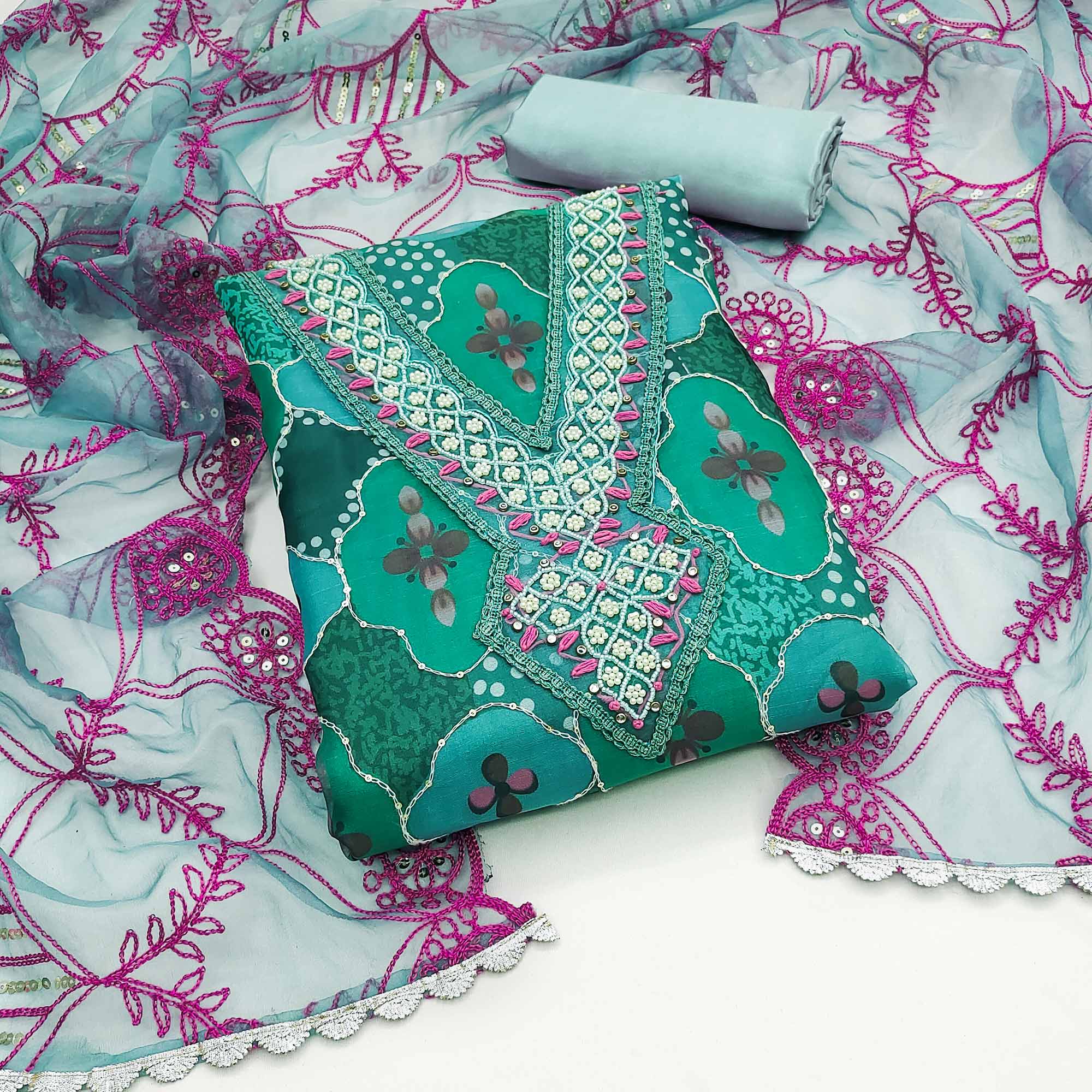 Turquoise Floral Printed Organza Dress Material