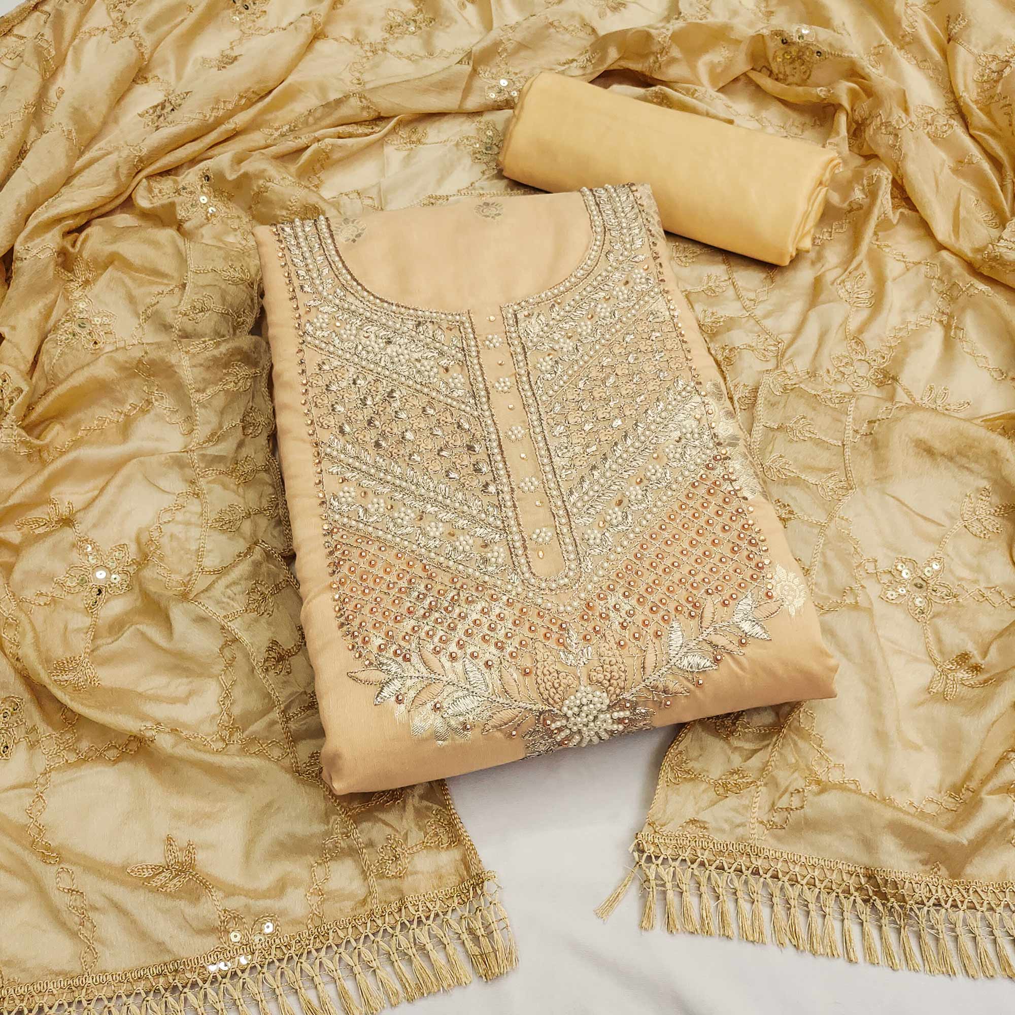 Chikoo Embroidered Chanderi Silk Dress Material
