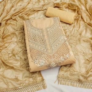Chikoo Embroidered Chanderi Silk Dress Material