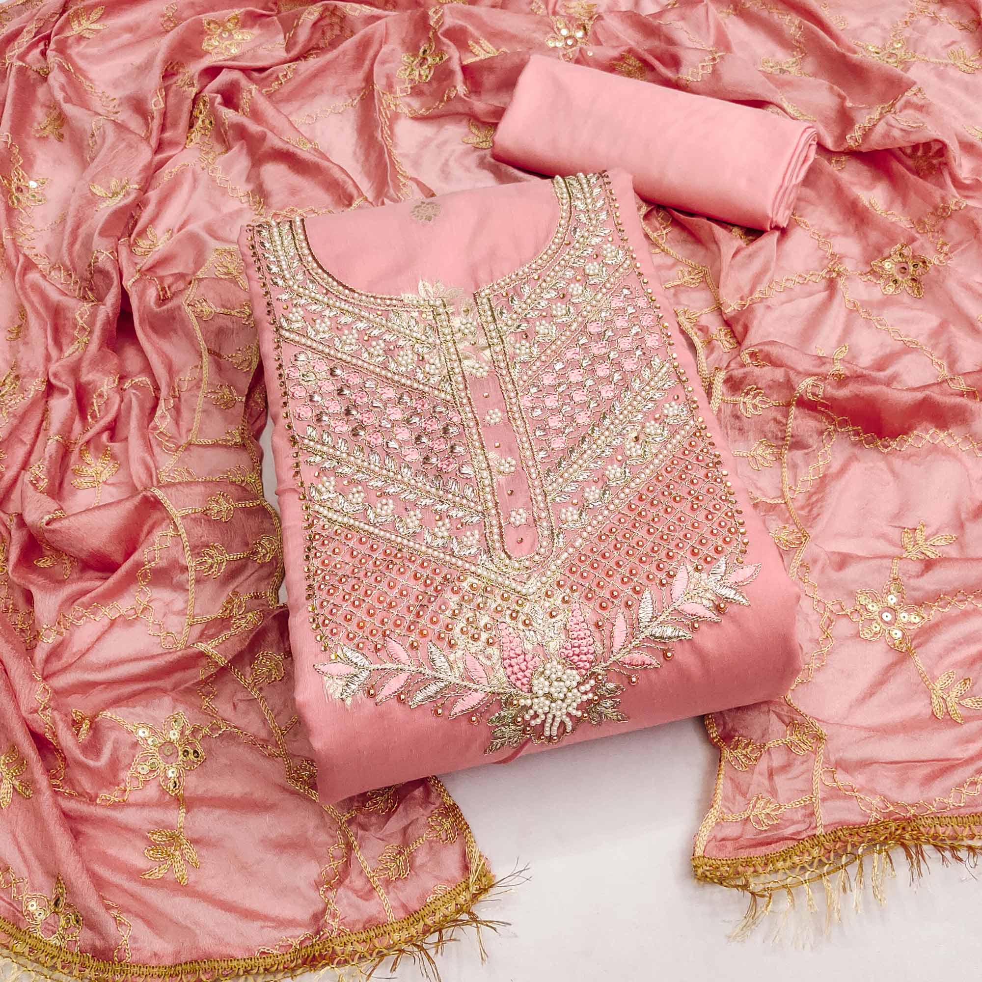 Peach Embroidered Chanderi Silk Dress Material