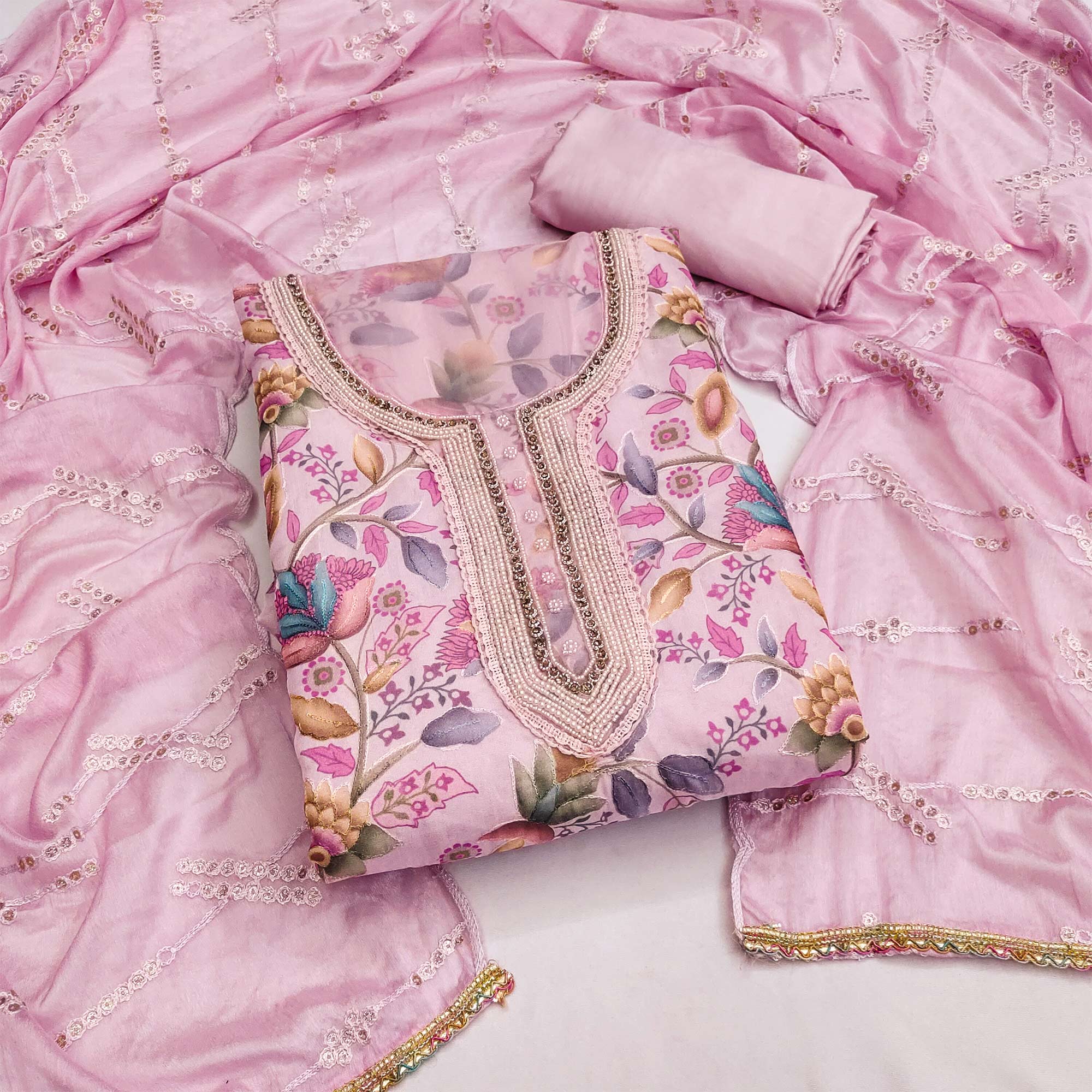 Pink Floral Printed Organza Dress Material