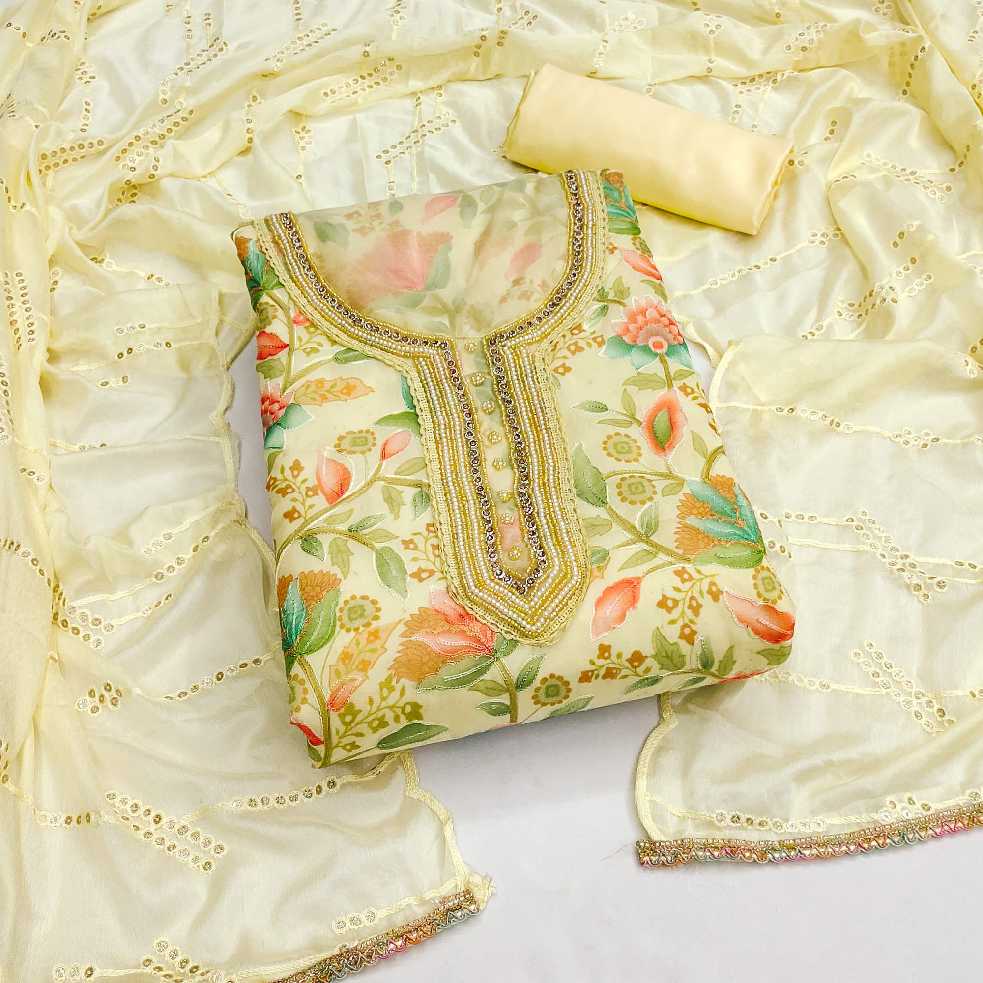 Yellow Floral Printed Organza Dress Material