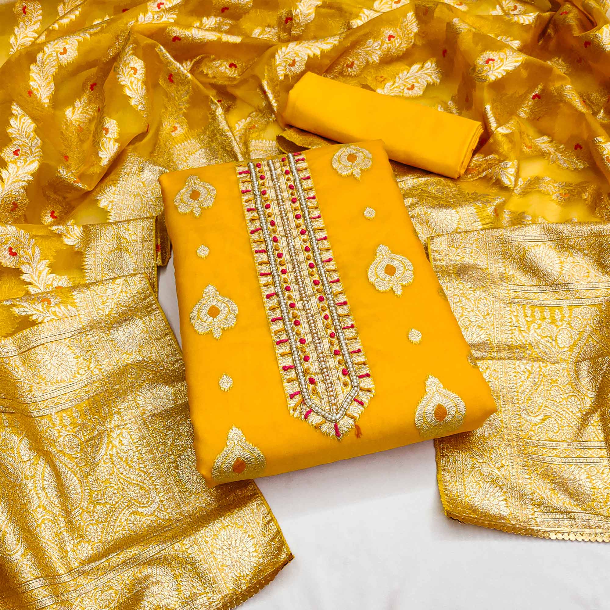 Yellow Woven Organza Dress Material
