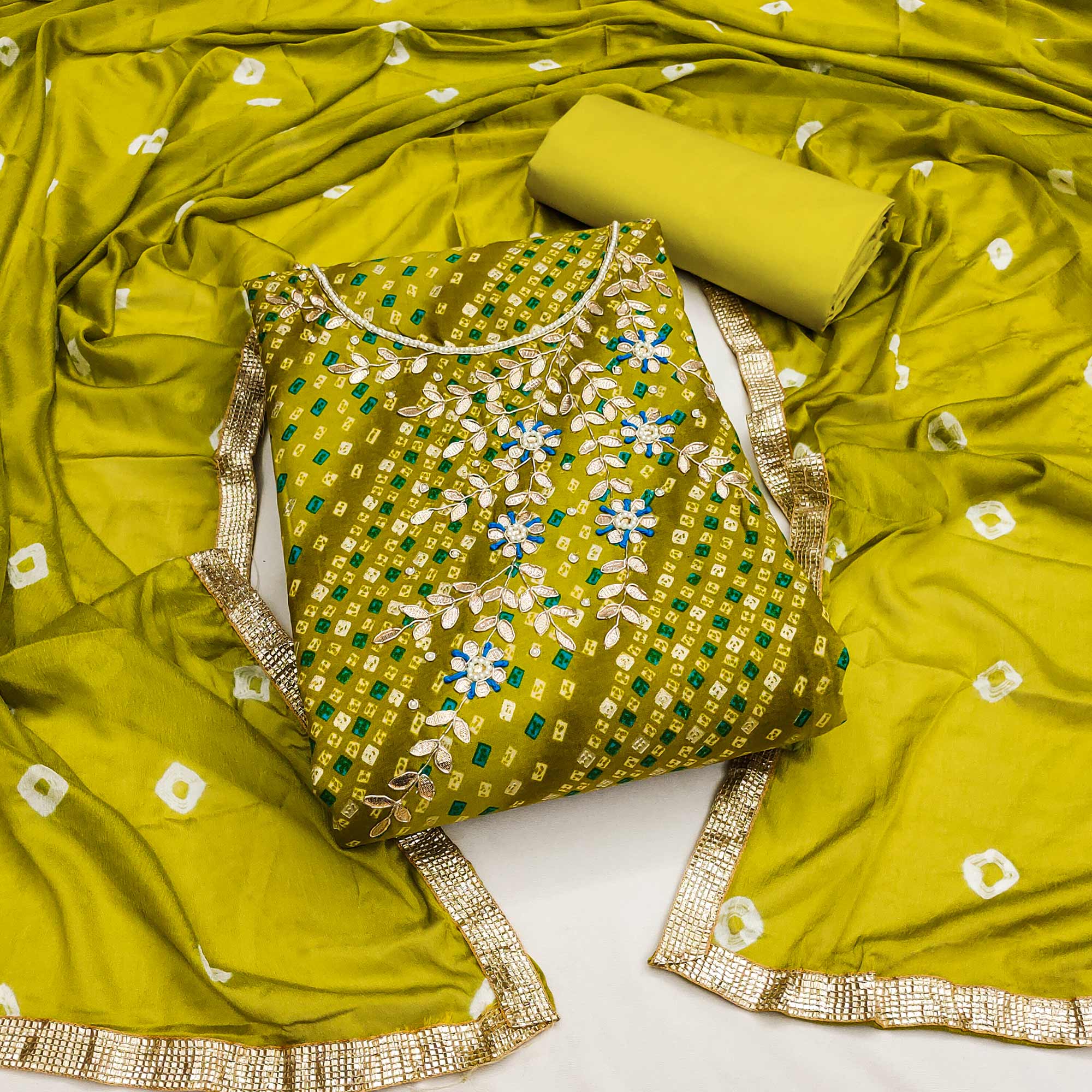 Green Bandhani Printed Cotton Dress Material