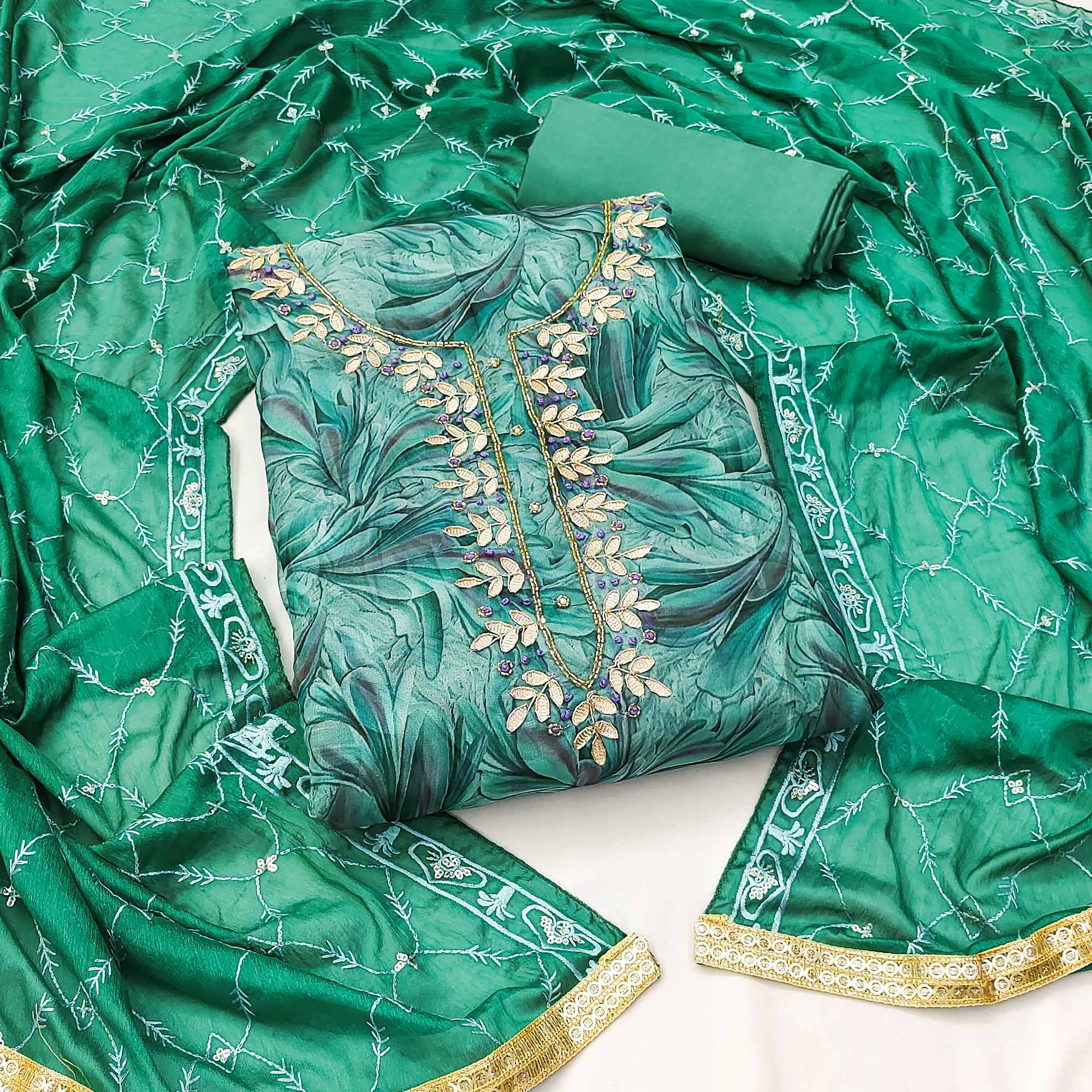 Green Floral Printed Organza Dress Material Green Floral Printed Organza Dress Material