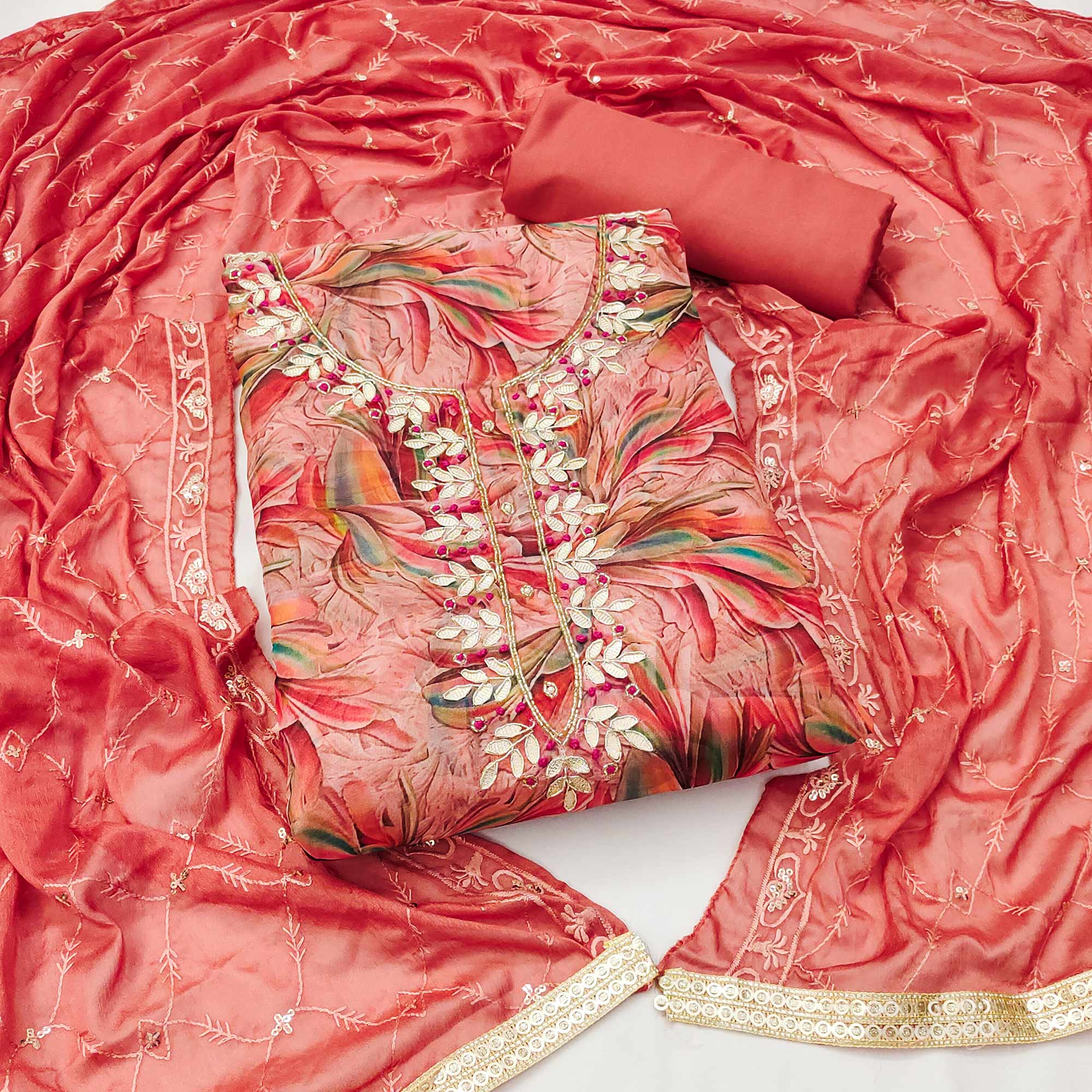 Peach Floral Printed Organza Dress Material