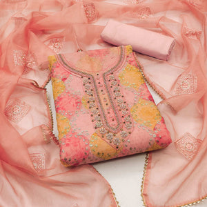 Peach Sequins Embroidered Organza Dress Material