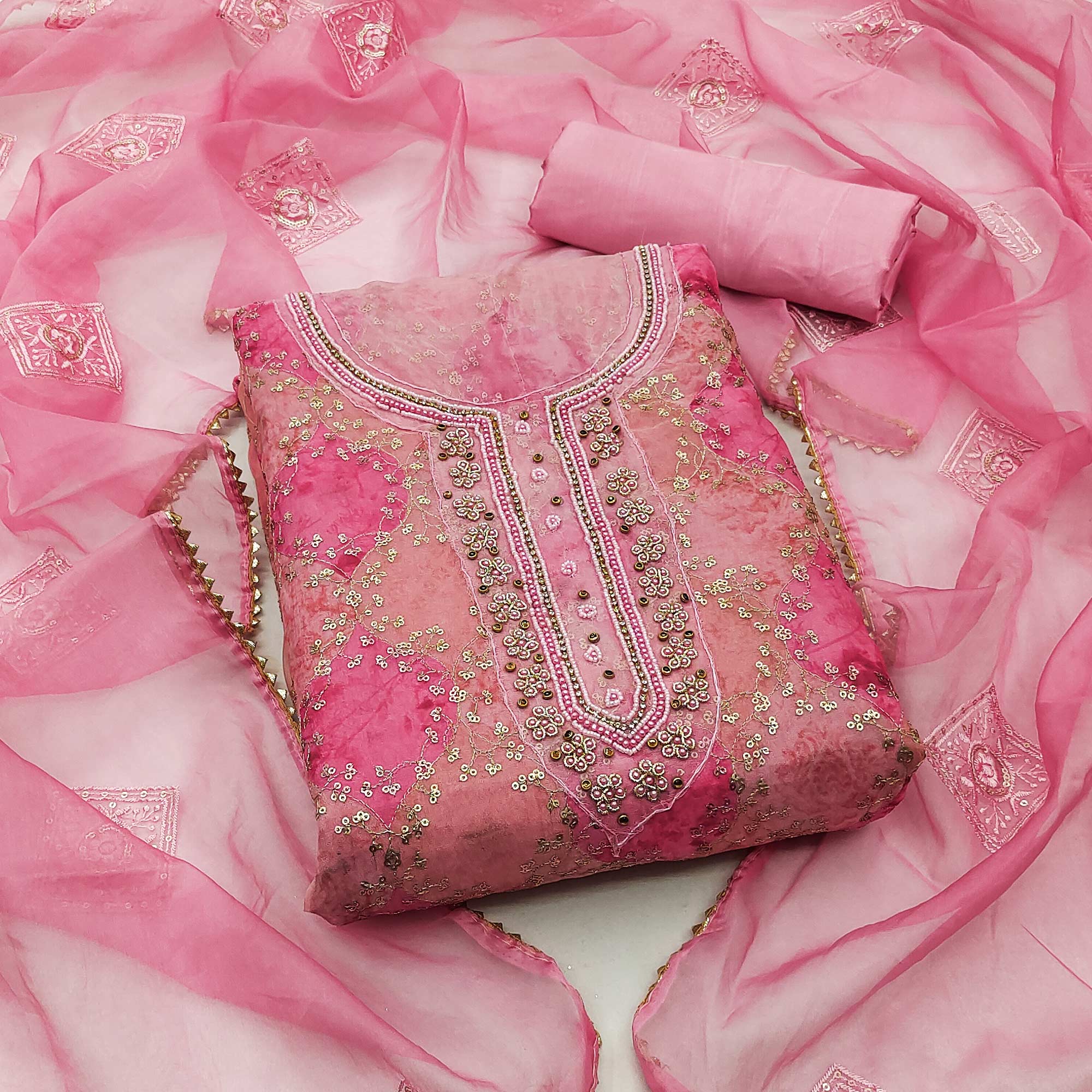 Pink Sequins Embroidered Organza Dress Material