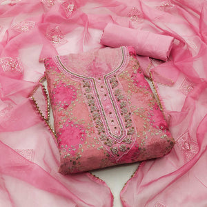 Pink Sequins Embroidered Organza Dress Material