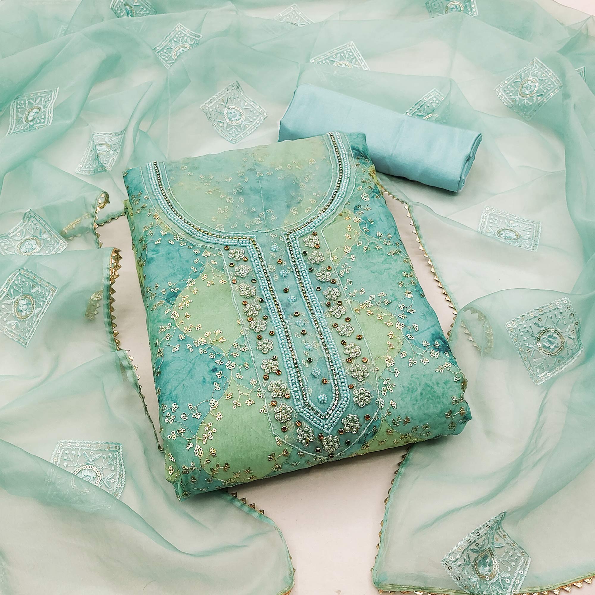 Turquoise Sequins Embroidered Organza Dress Material