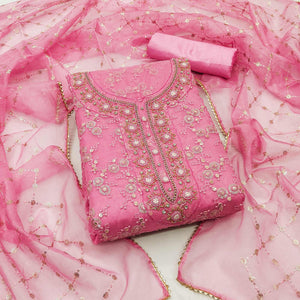 Pink Sequins Embroidered Organza Dress Material