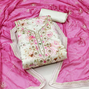 Cream & Pink Floral Digital Printed With Handwork Chanderi Silk Dress Material