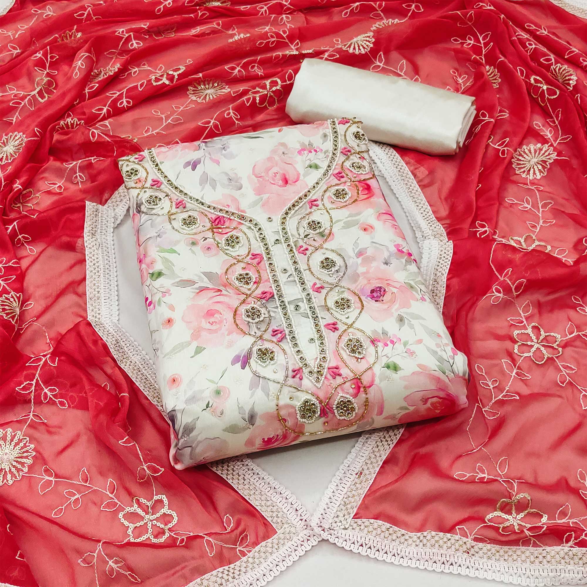 Cream & Red Floral Digital Printed With Handwork Chanderi Silk Dress Material