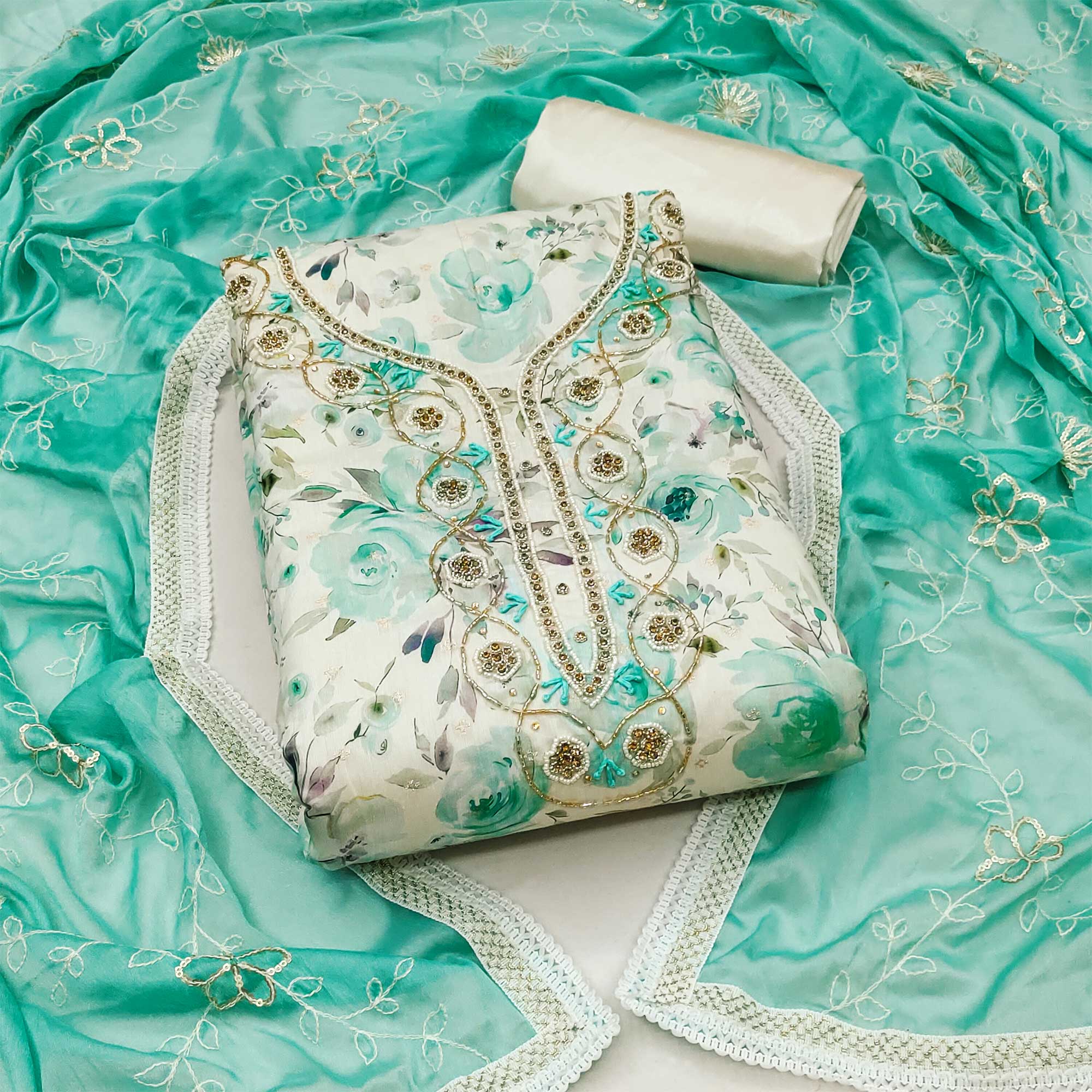Cream & Turquoise Floral Digital Printed With Handwork Chanderi Silk Dress Material