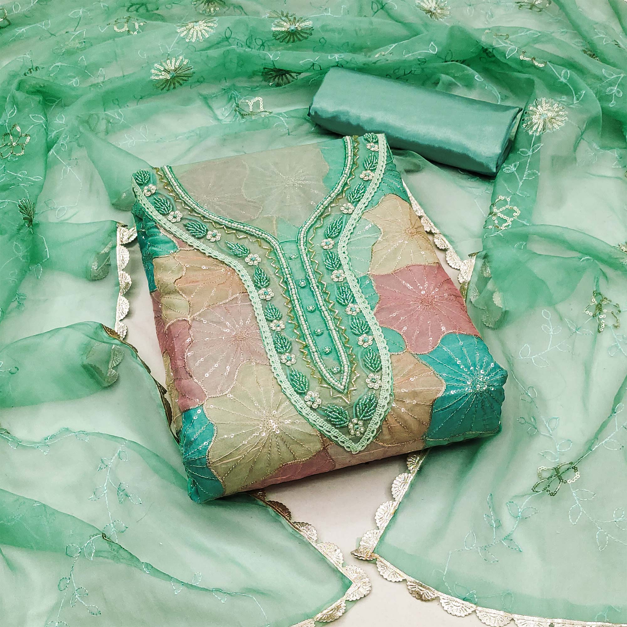 Sea Green Sequins Embroidered With Handwork Organza Dress Material