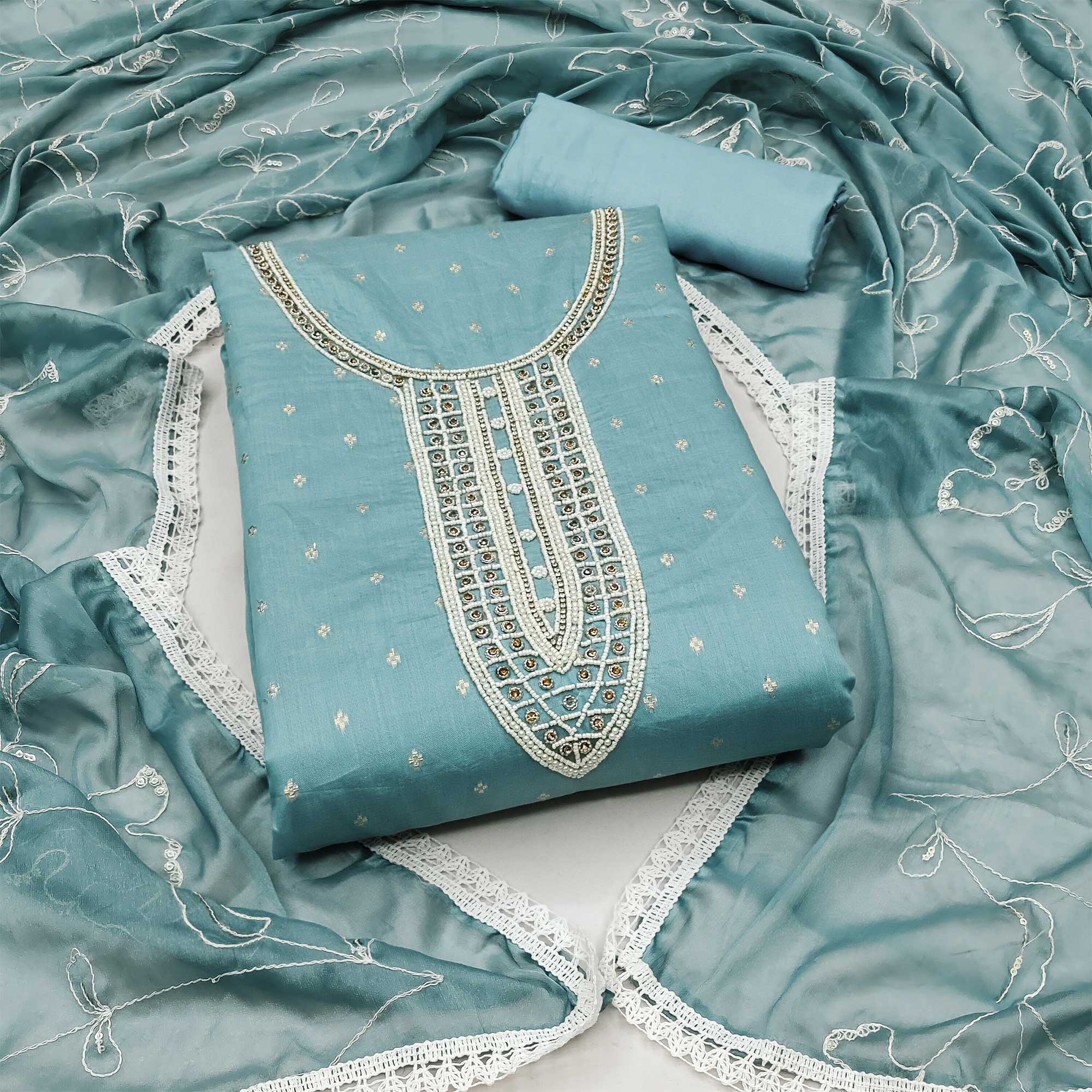 Blue Woven With Moti Handwork Chanderi Silk Dress Material