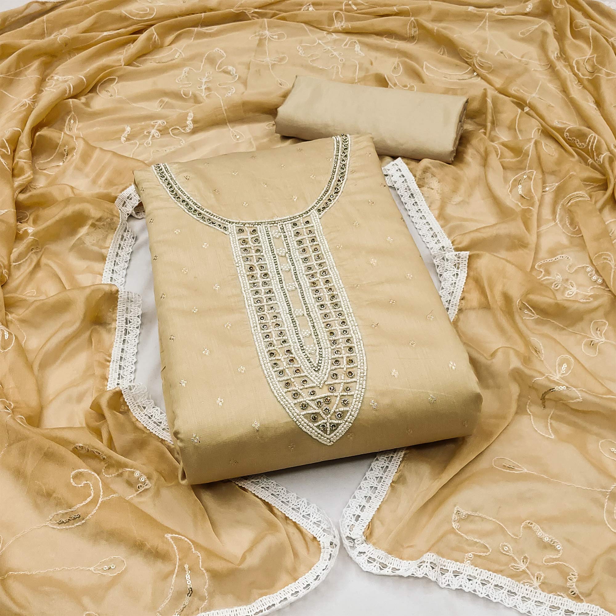 Chikoo Woven With Moti Handwork Chanderi Silk Dress Material