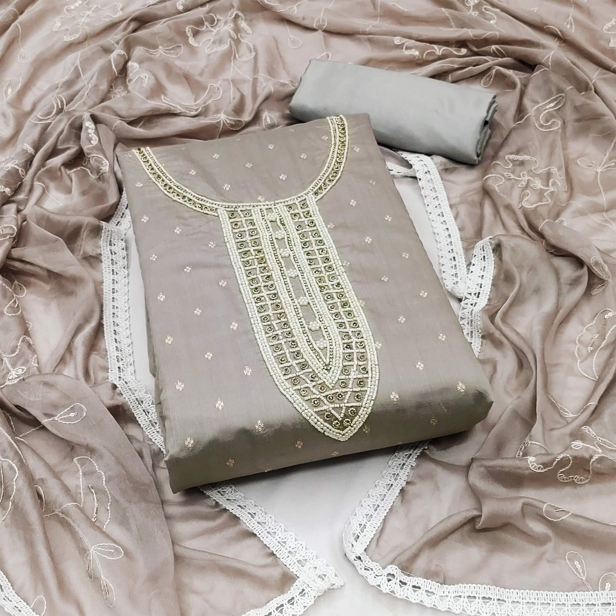 Grey Woven With Moti Handwork Chanderi Silk Dress Material