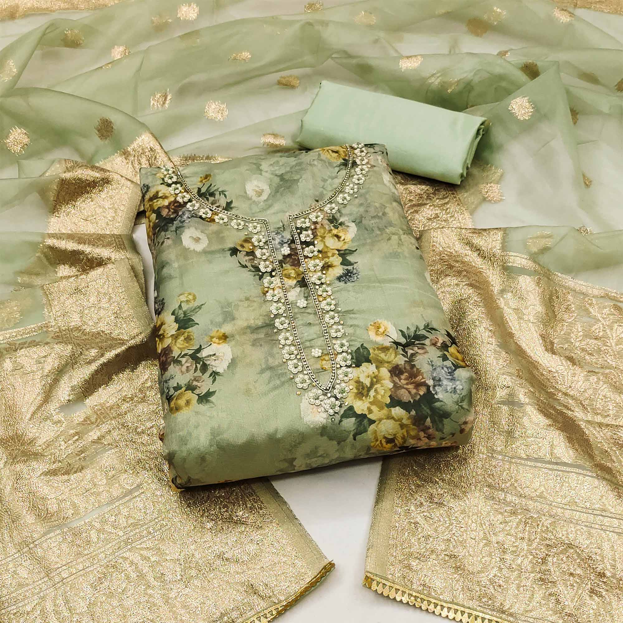 Green Floral Digital Printed With Handwork Organza Dress Material Green Floral Digital Printed With Handwork Organza Dress Material