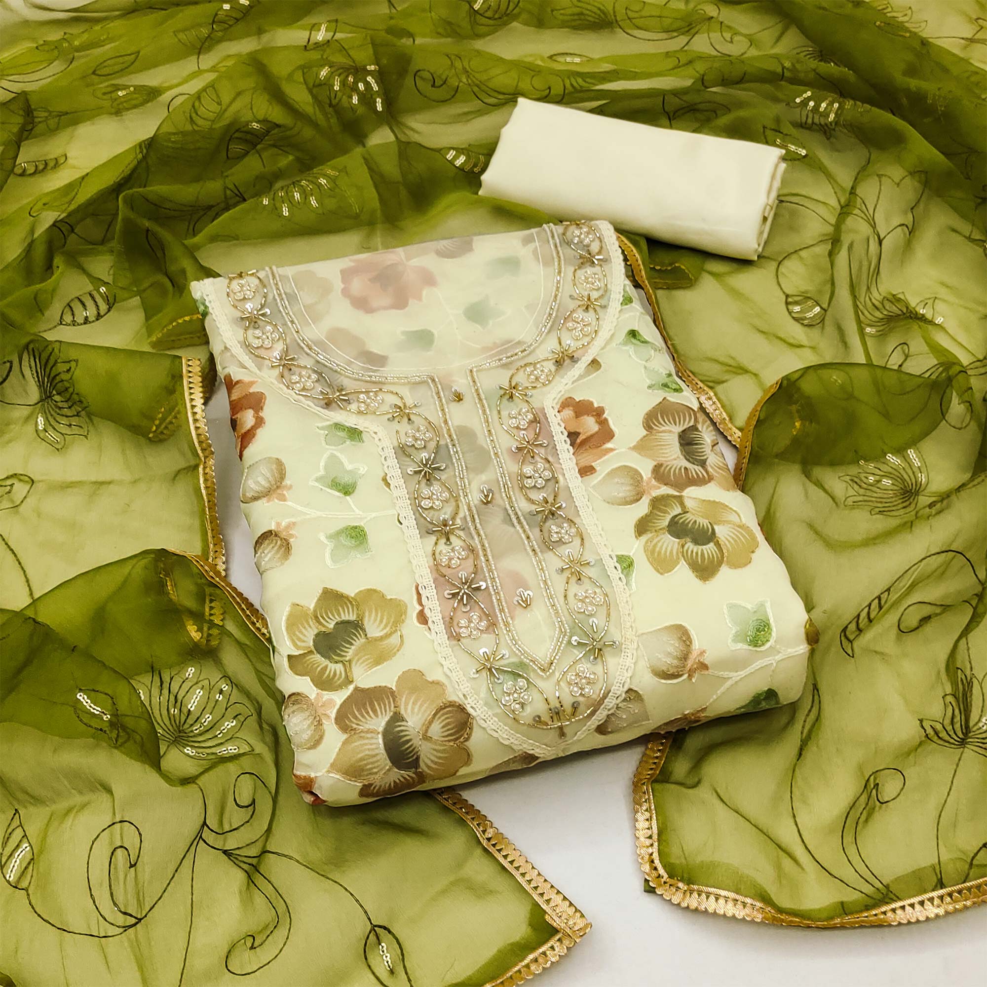 Cream Floral Embroidered With Printed Organza Dress Material