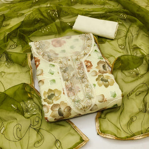 Cream Floral Embroidered With Printed Organza Dress Material