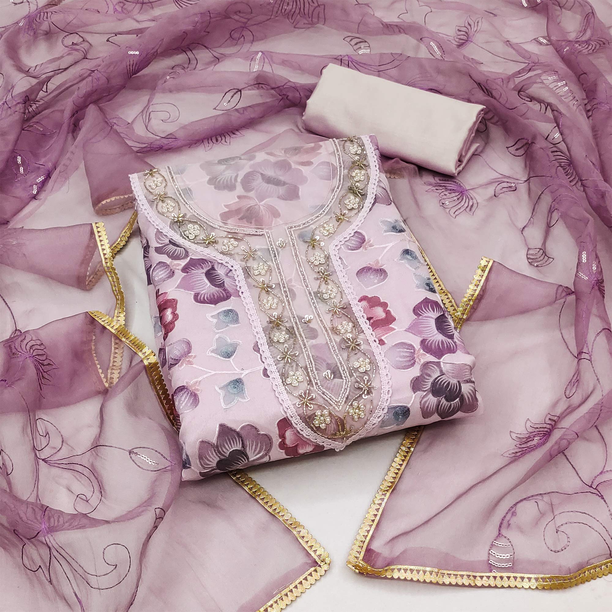 Mauve Floral Embroidered With Printed Organza Dress Material