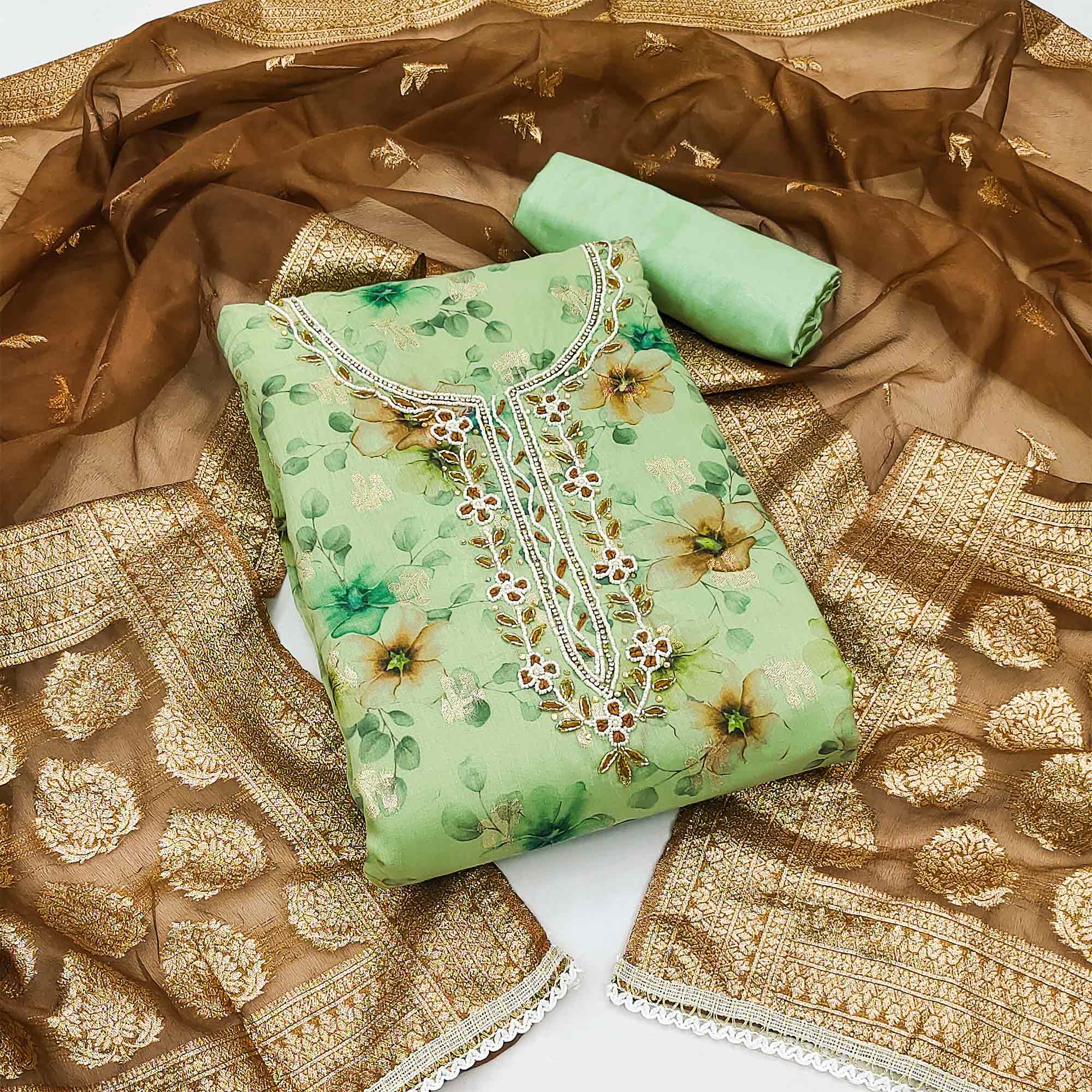 Green Floral Digital Printed With Woven Chanderi Silk Dress Material