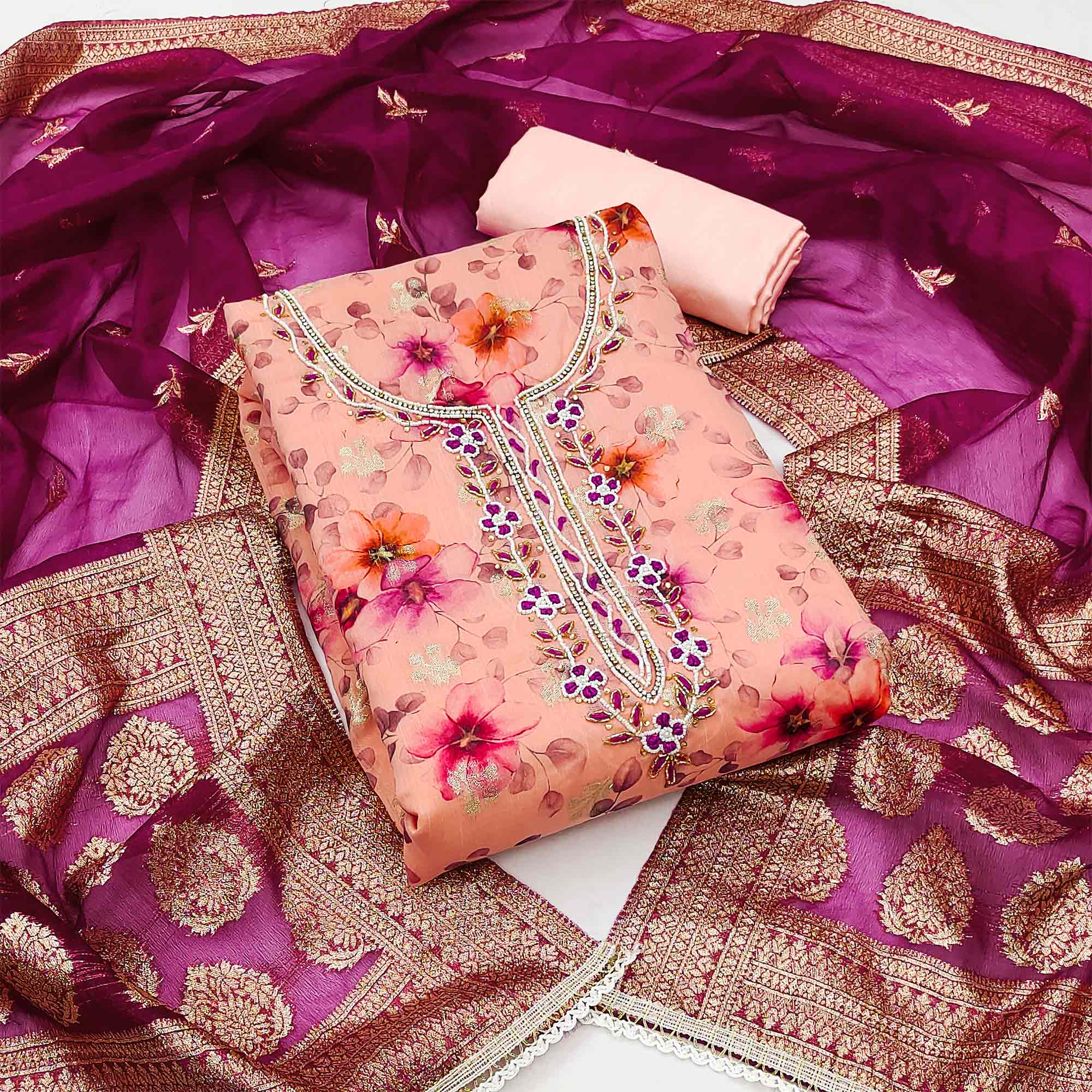 Peach Floral Digital Printed With Woven Chanderi Silk Dress Material