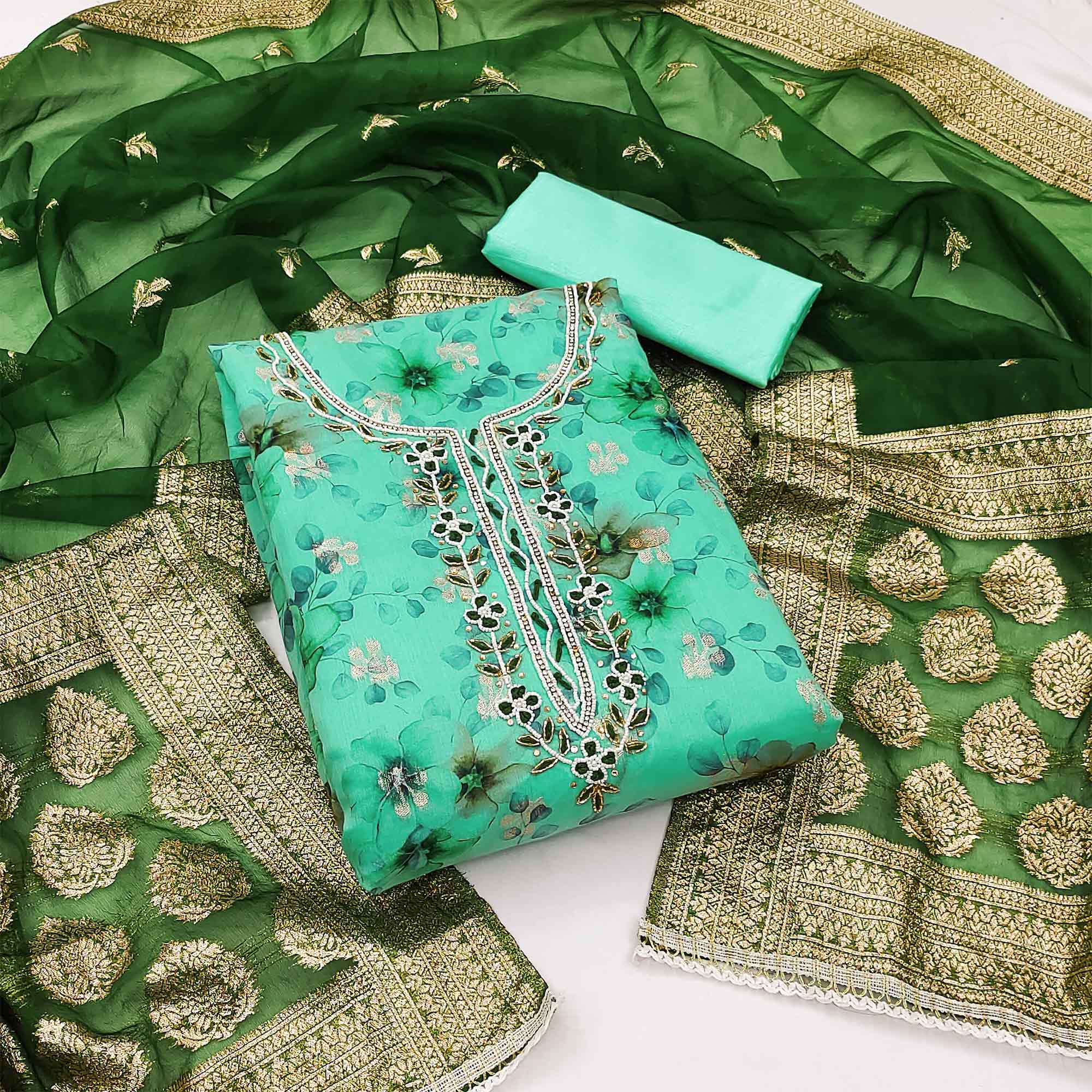 Turquoise Floral Digital Printed With Woven Chanderi Silk Dress Material