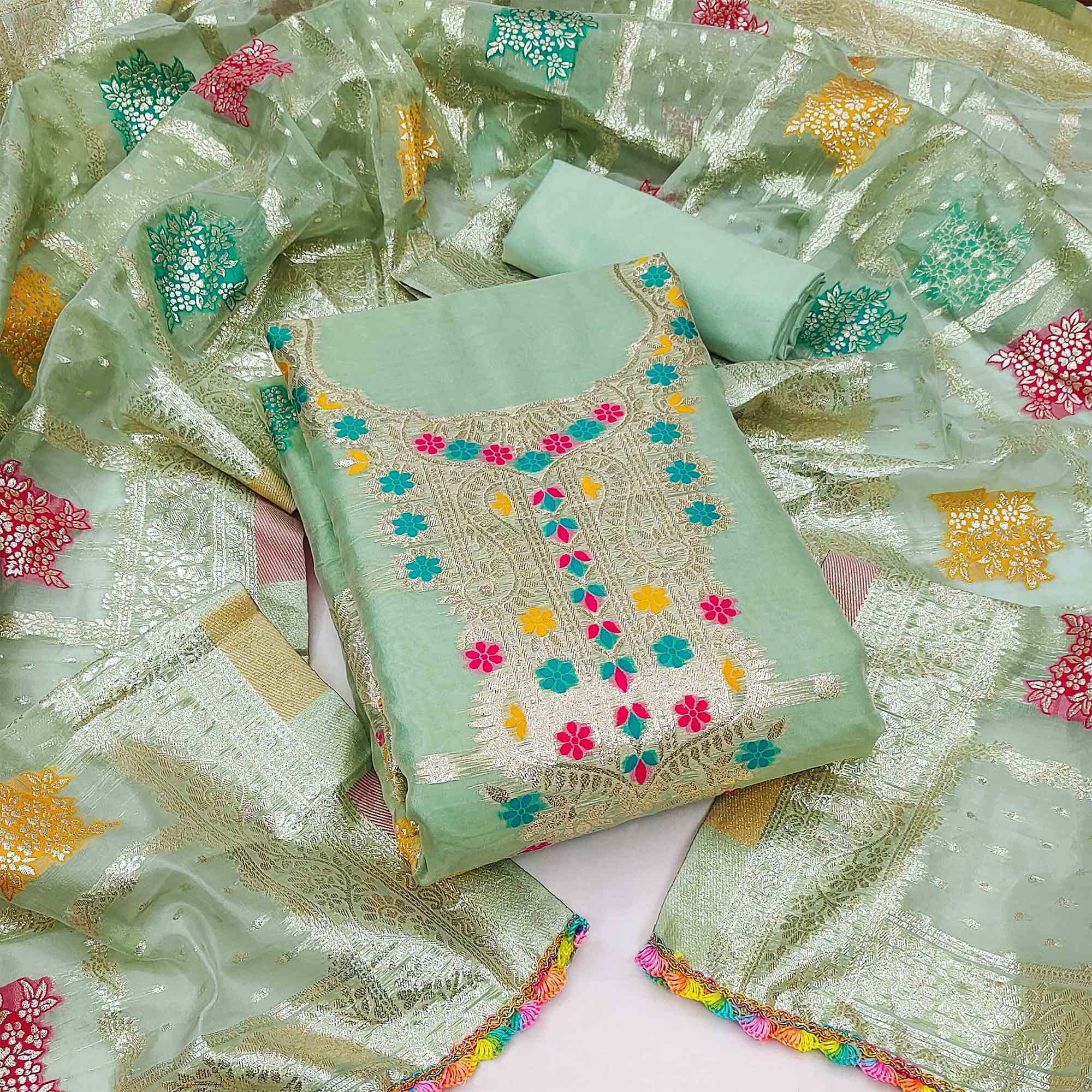 Green Floral Woven Organza Dress Material