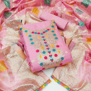 Pink Floral Woven Organza Dress Material