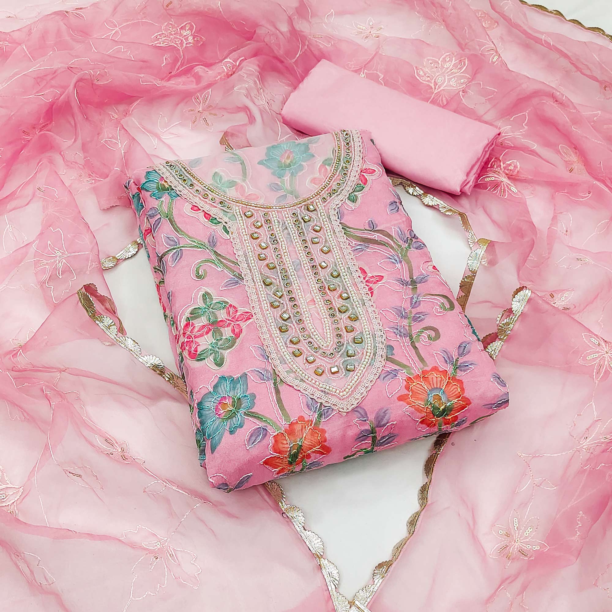 Pink Floral Printed Organza Dress Material