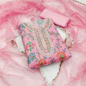 Pink Floral Printed Organza Dress Material