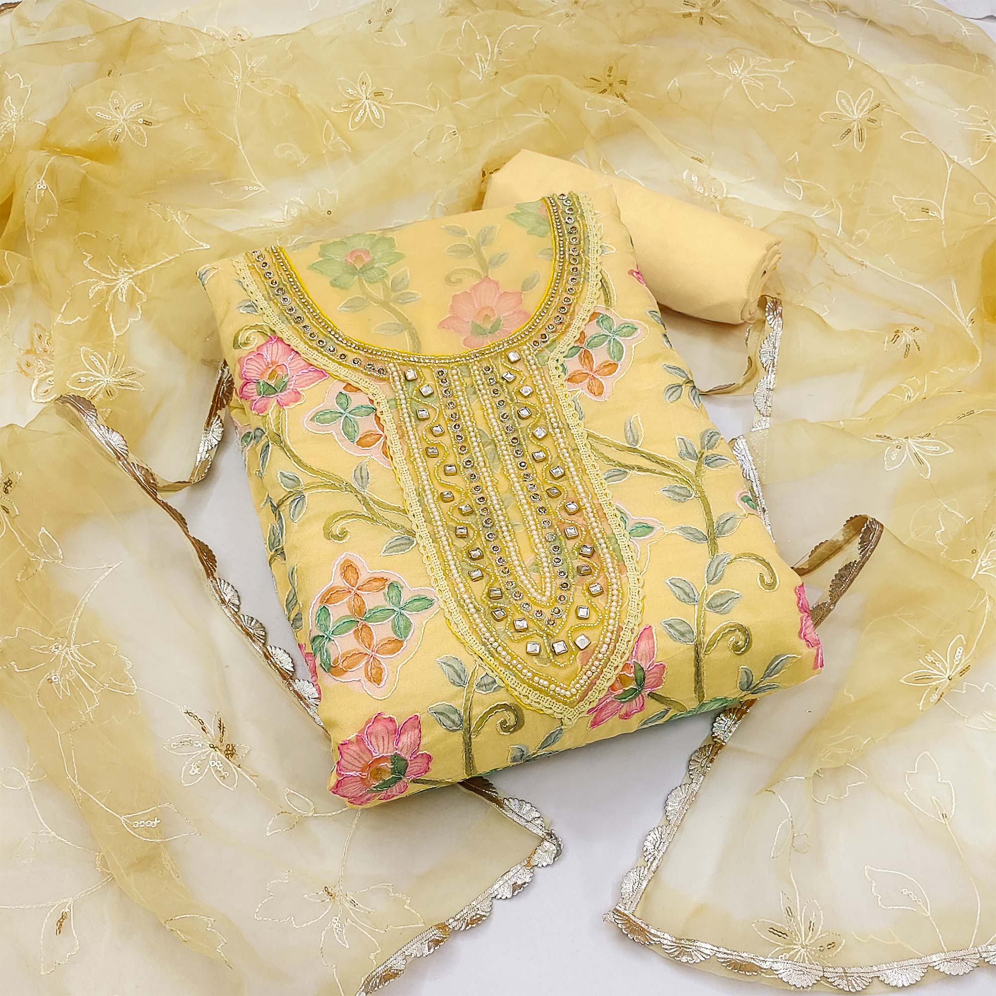 Yellow Floral Printed Organza Dress Material