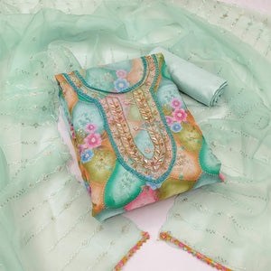 Green Floral Printed Organza Dress Material