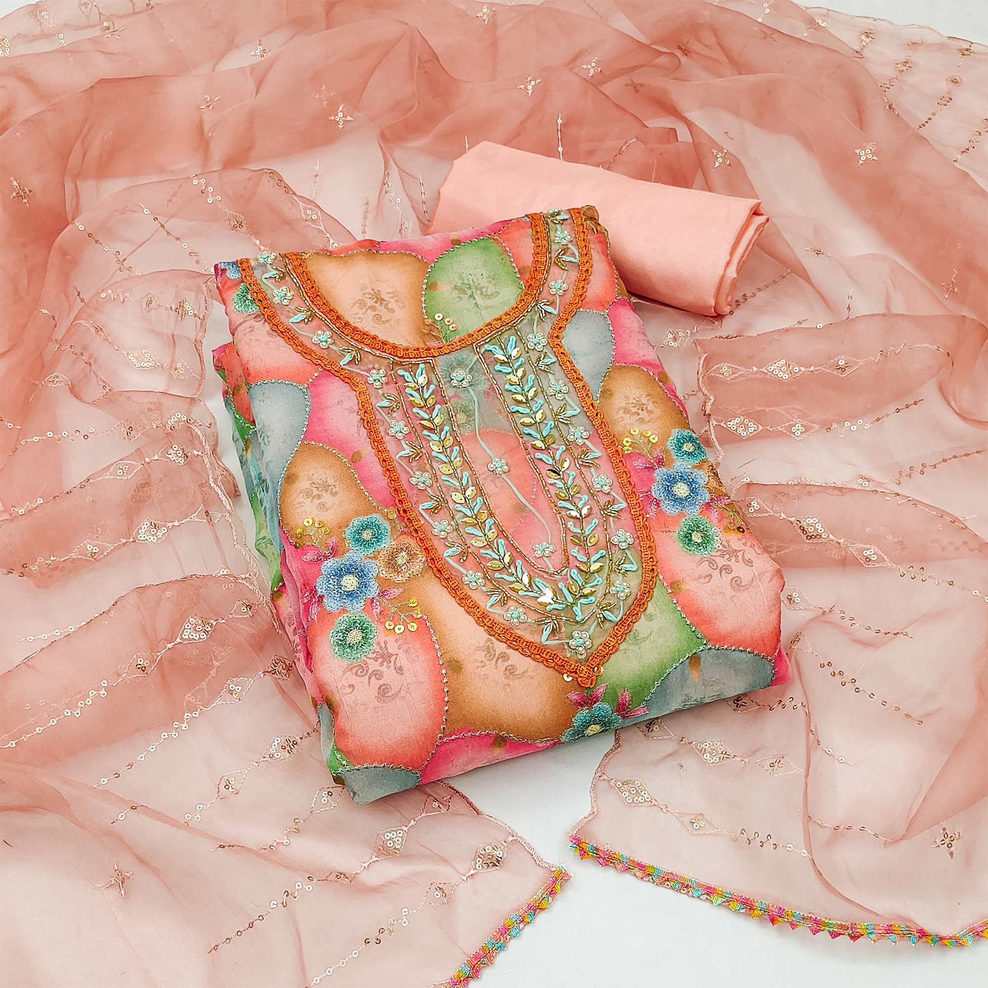 Peach Floral Printed Organza Dress Material