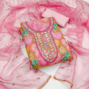 Pink Floral Printed Organza Dress Material