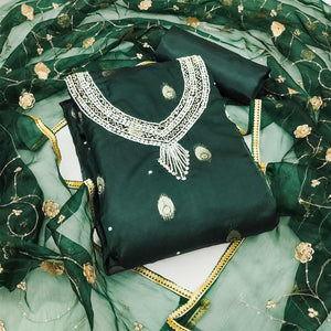 Green Floral Woven Organza Dress Material