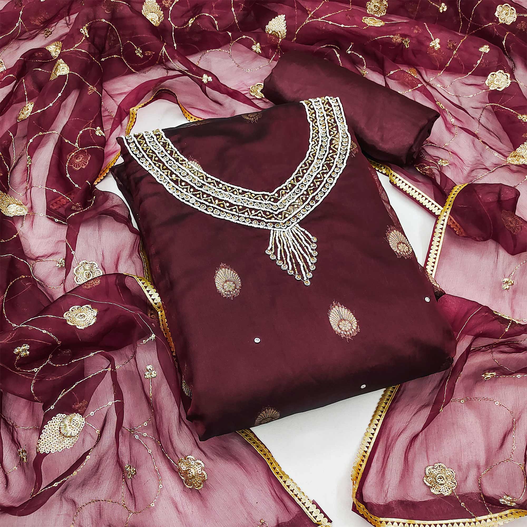 Maroon Floral Woven Organza Dress Material