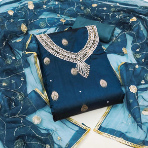 Teal Blue Floral Woven Organza Dress Material