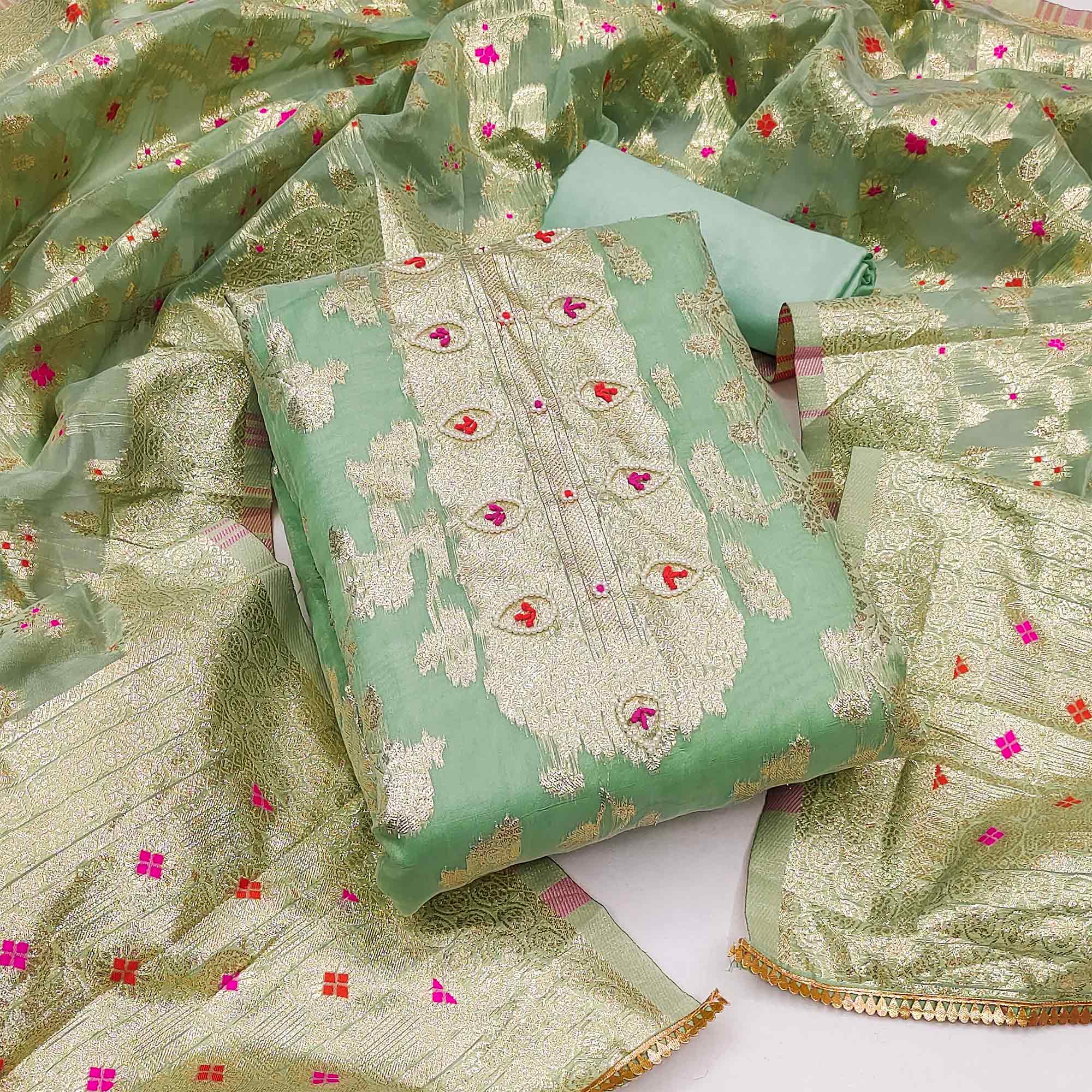Green Floral Woven Chanderi Silk Dress Material