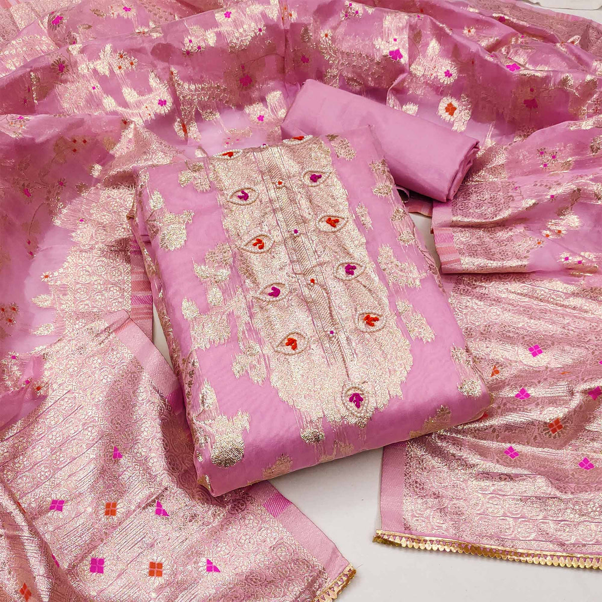Pink Floral Woven Chanderi Silk Dress Material Pink Floral Woven Chanderi Silk Dress Material