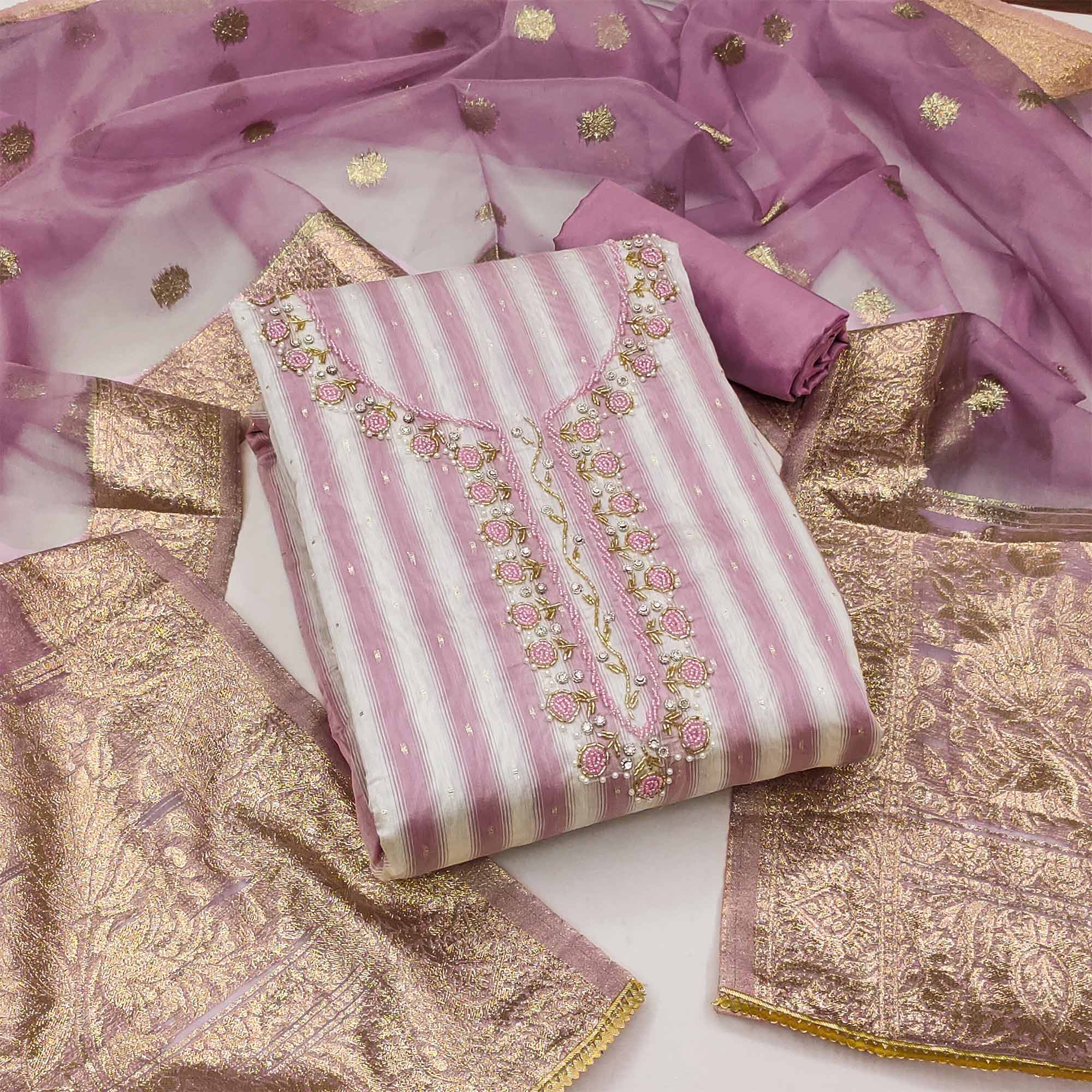 Pink Woven Banarasi Silk Dress Material
