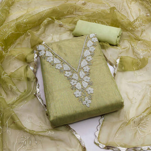 Green Embroidered Moti Work Pure Cotton Dress Material