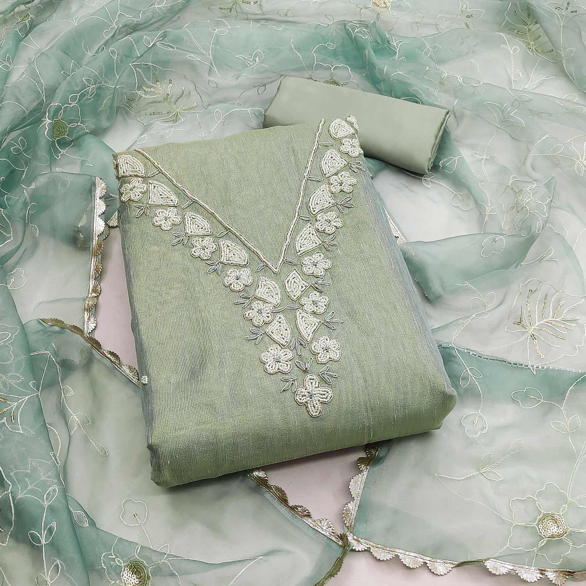 Sea Green Embroidered Moti Work Pure Cotton Dress Material