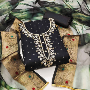 Black Woven With Handwork Chanderi Silk Dress Material