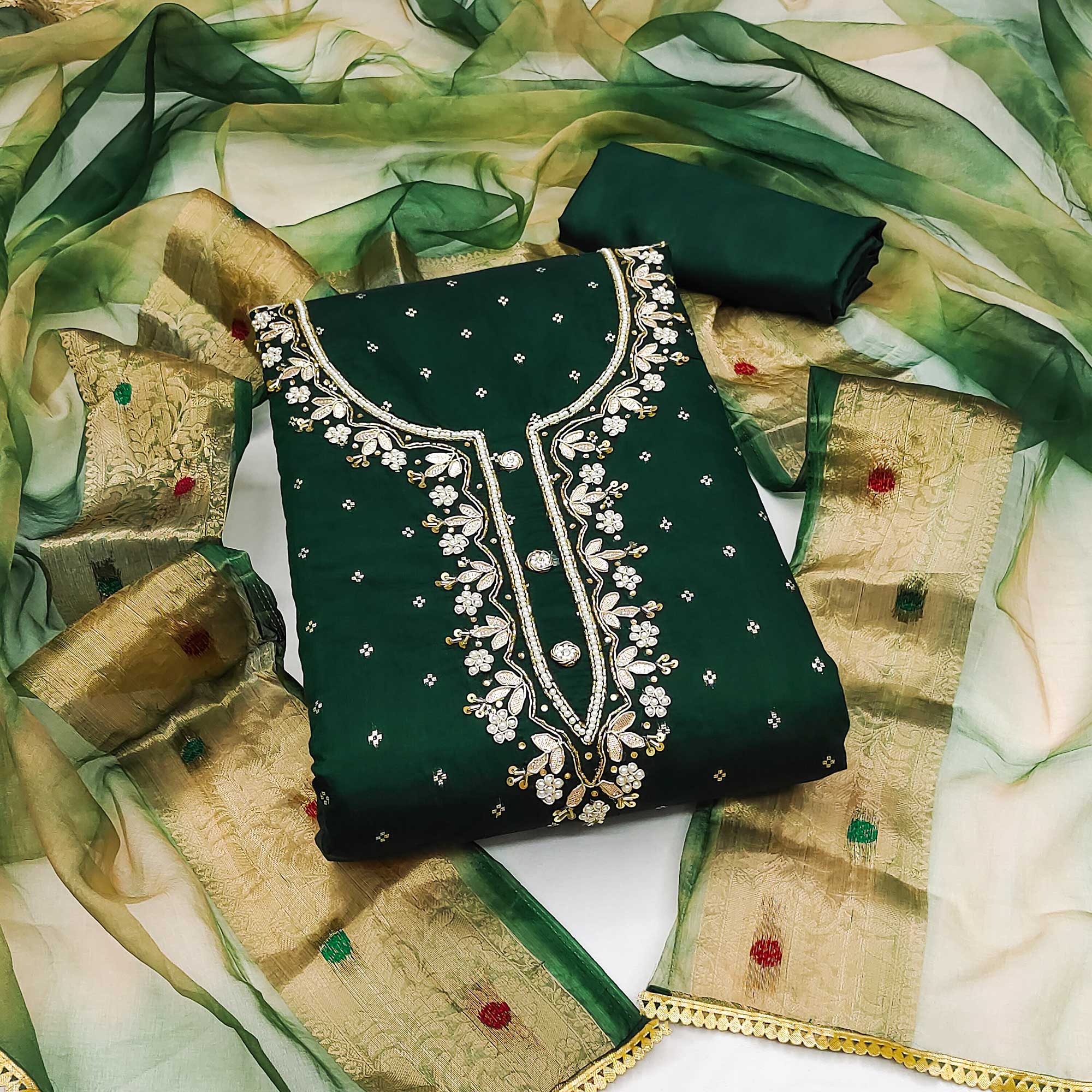 Green Woven With Handwork Chanderi Silk Dress Material