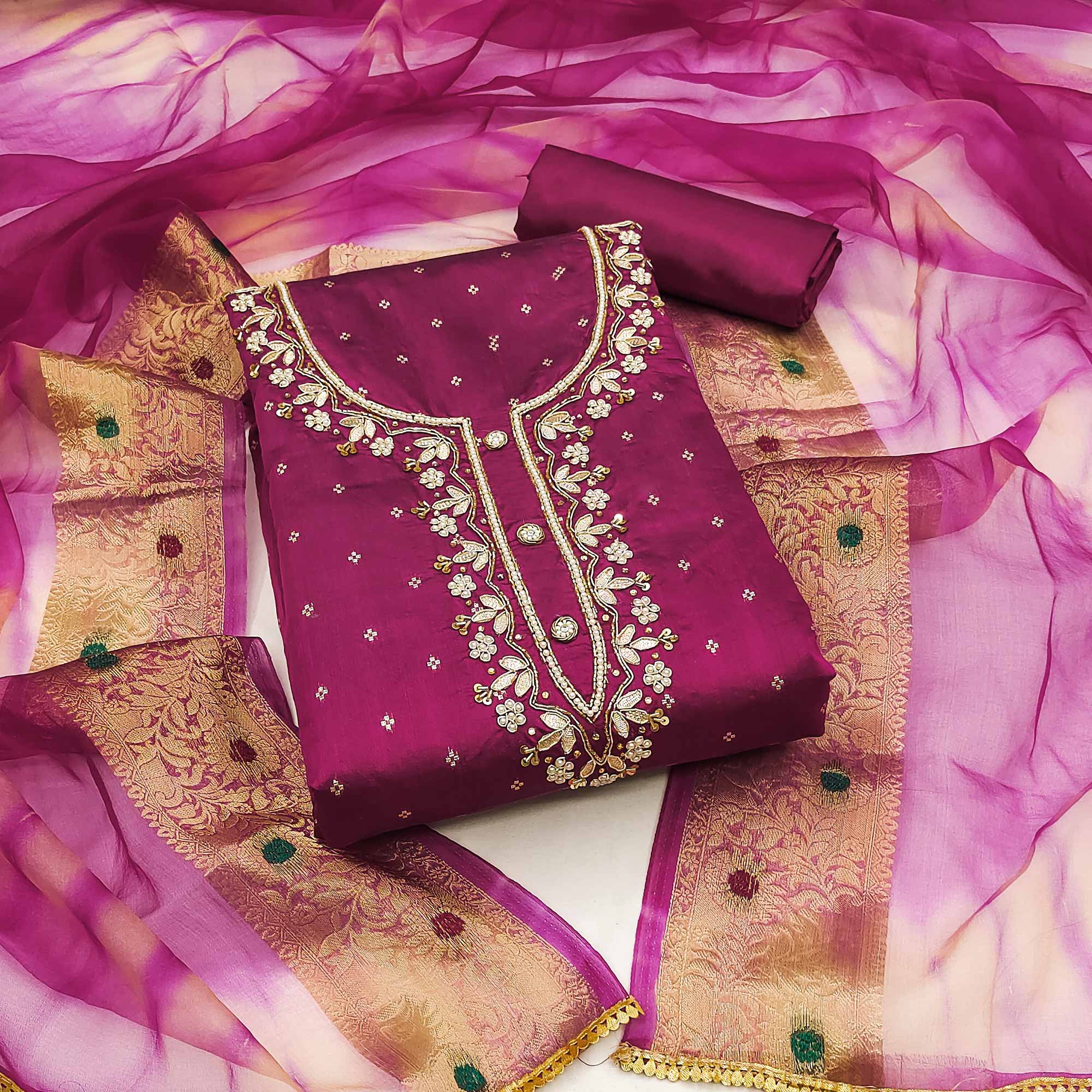 Magenta Woven With Handwork Chanderi Silk Dress Material