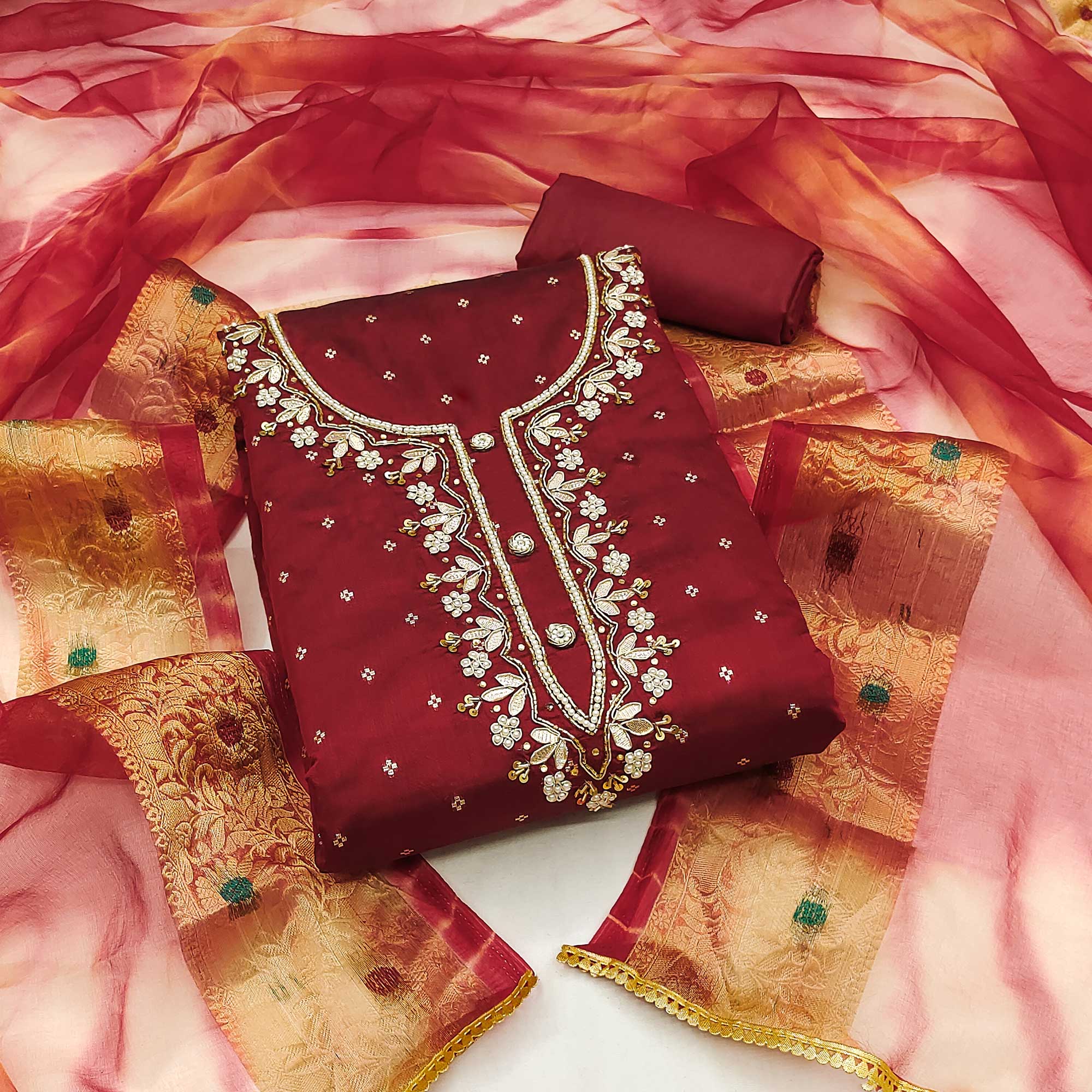 Maroon Woven With Handwork Chanderi Silk Dress Material